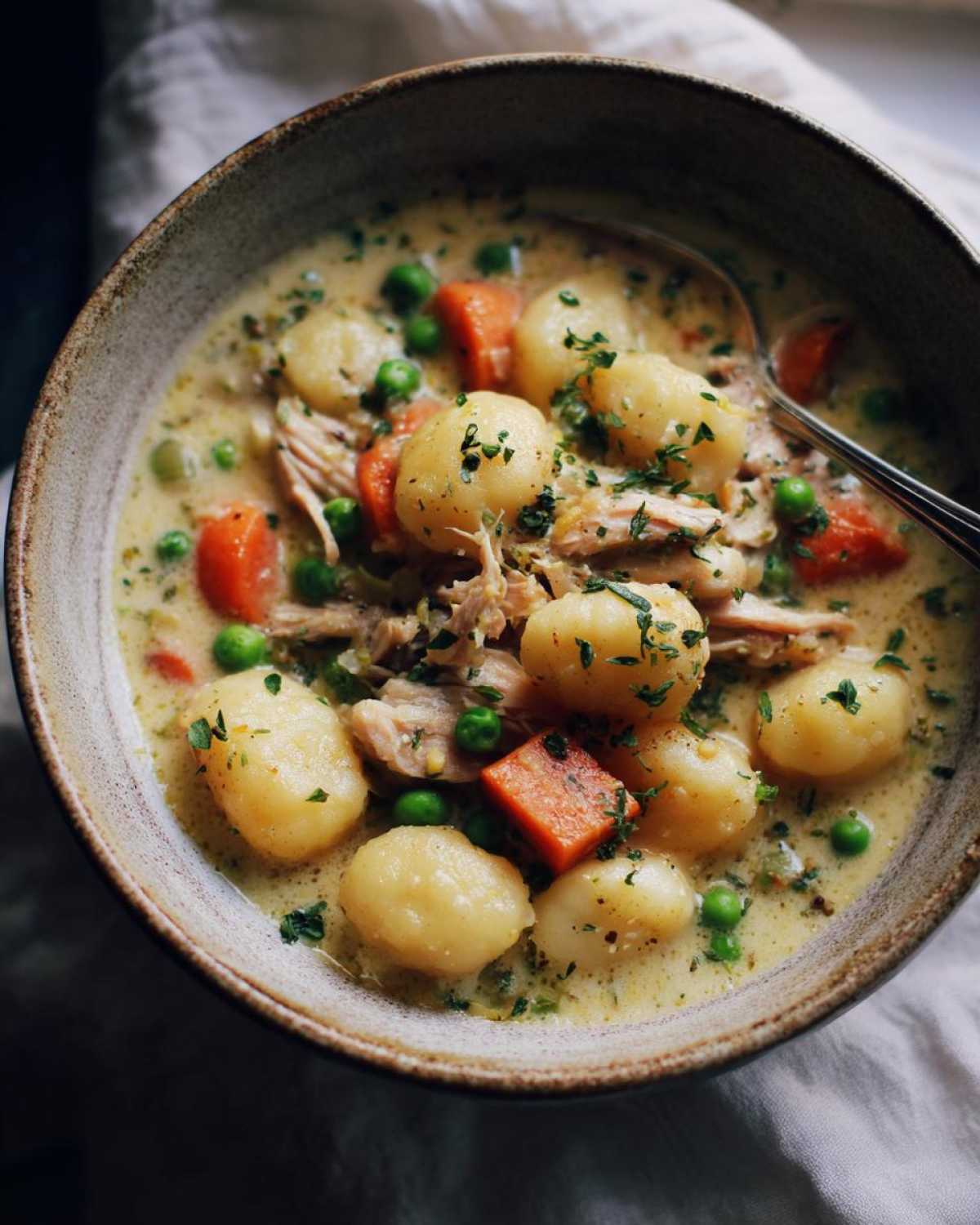 A close-up of a hearty bowl of Gnocchi Chicken Pot Pie, featuring tender gnocchi, shredded chicken, peas, and carrots in a creamy sauce.