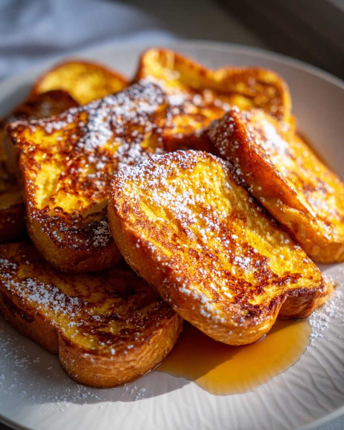 A close-up of golden brown French toast slices dusted with powdered sugar, served on a white plate with syrup.