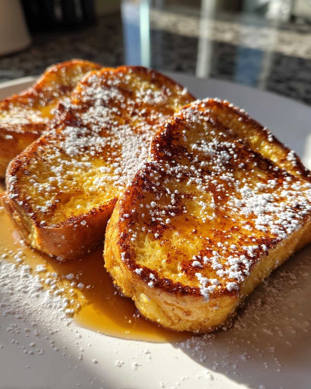 Close-up of golden brown french toast slices dusted with powdered sugar and drizzled with syrup.