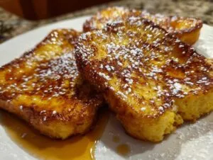 Close-up of golden brown French toast slices dusted with powdered sugar and drizzled with syrup.