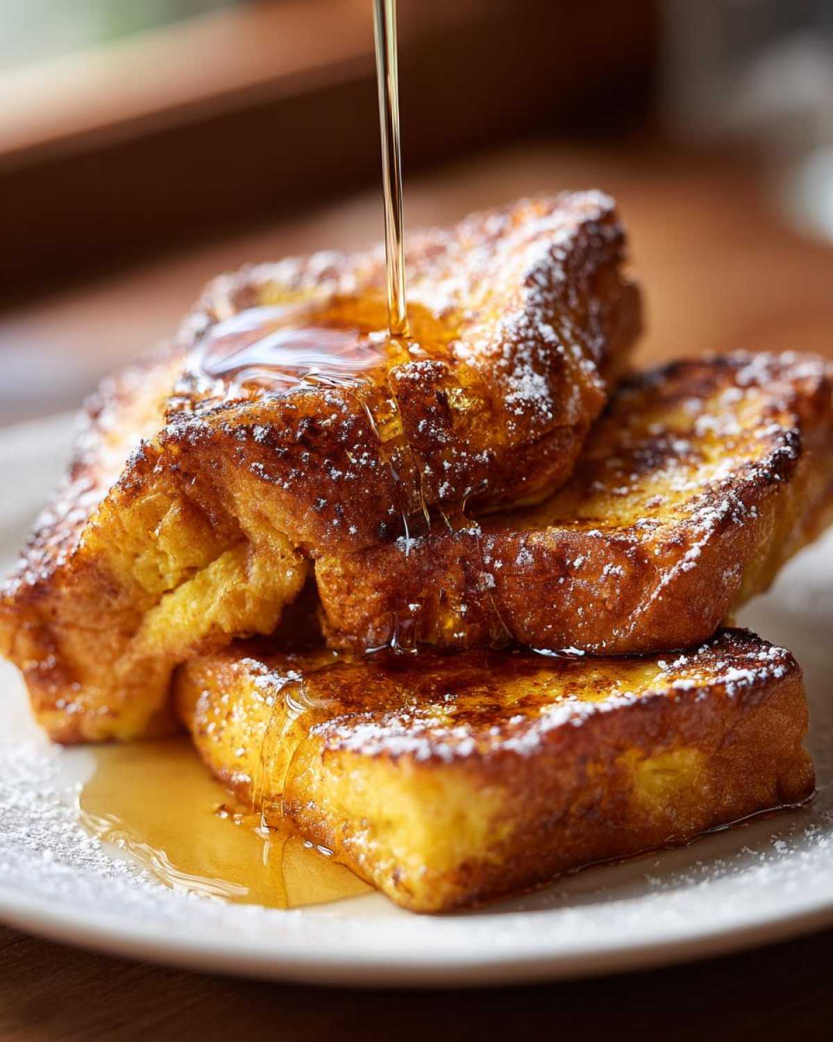 Close-up of golden brown french toast stacked on a white plate, with syrup being poured over and powdered sugar dusted on top.