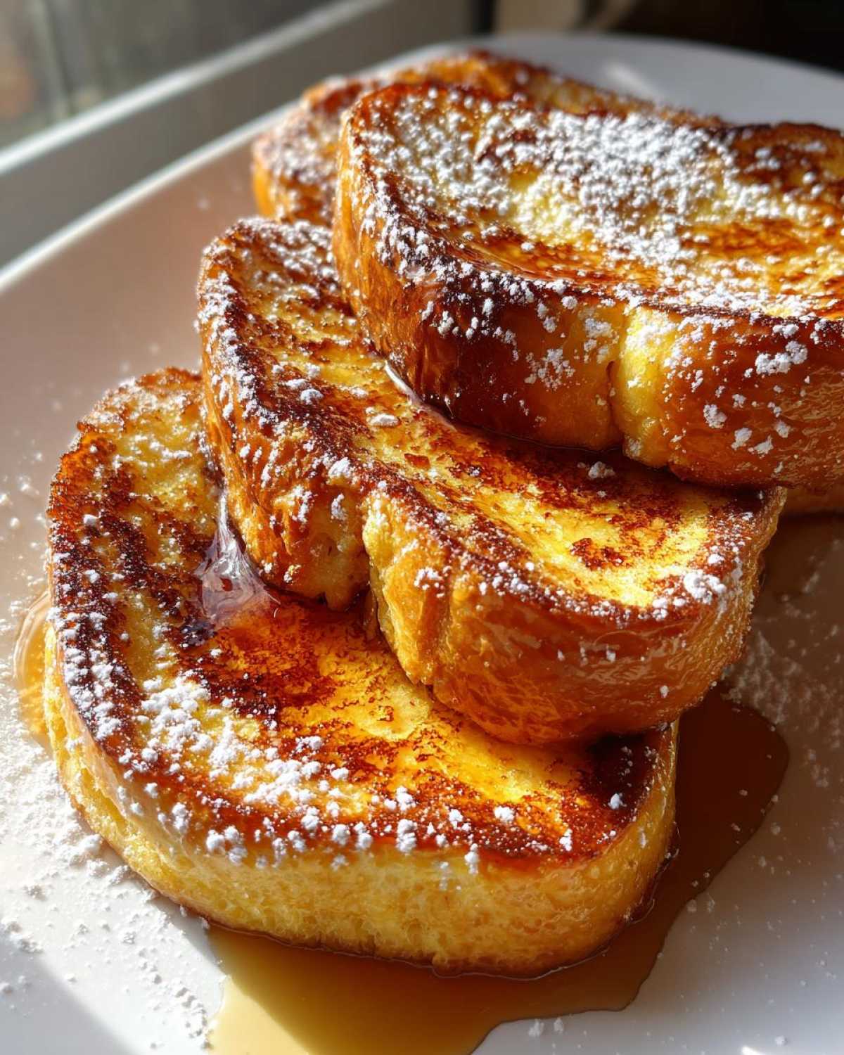 A stack of golden brown French toast slices, dusted with powdered sugar and drizzled with syrup.