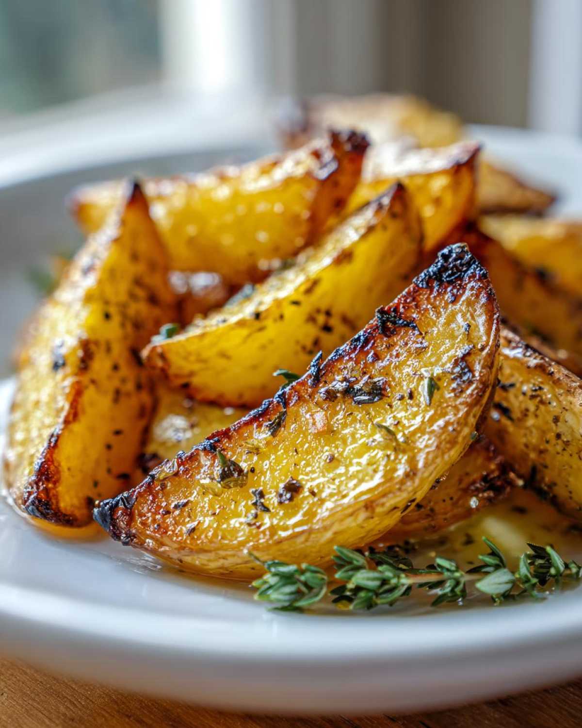 Close-up of golden Greek potatoes, roasted to perfection with herbs and spices, served on a white plate.