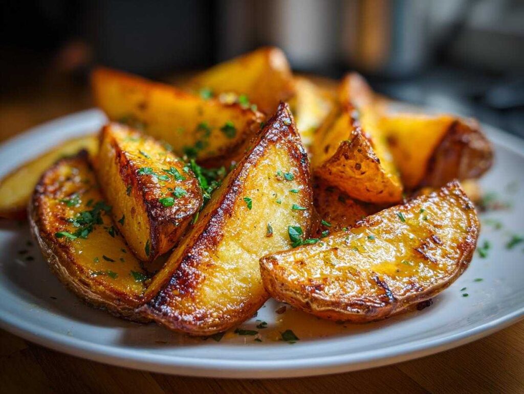 Close-up of a plate of golden Greek potatoes, perfectly roasted and sprinkled with fresh parsley.