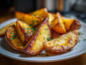 Close-up of a plate of golden Greek potatoes, perfectly roasted and sprinkled with fresh parsley.