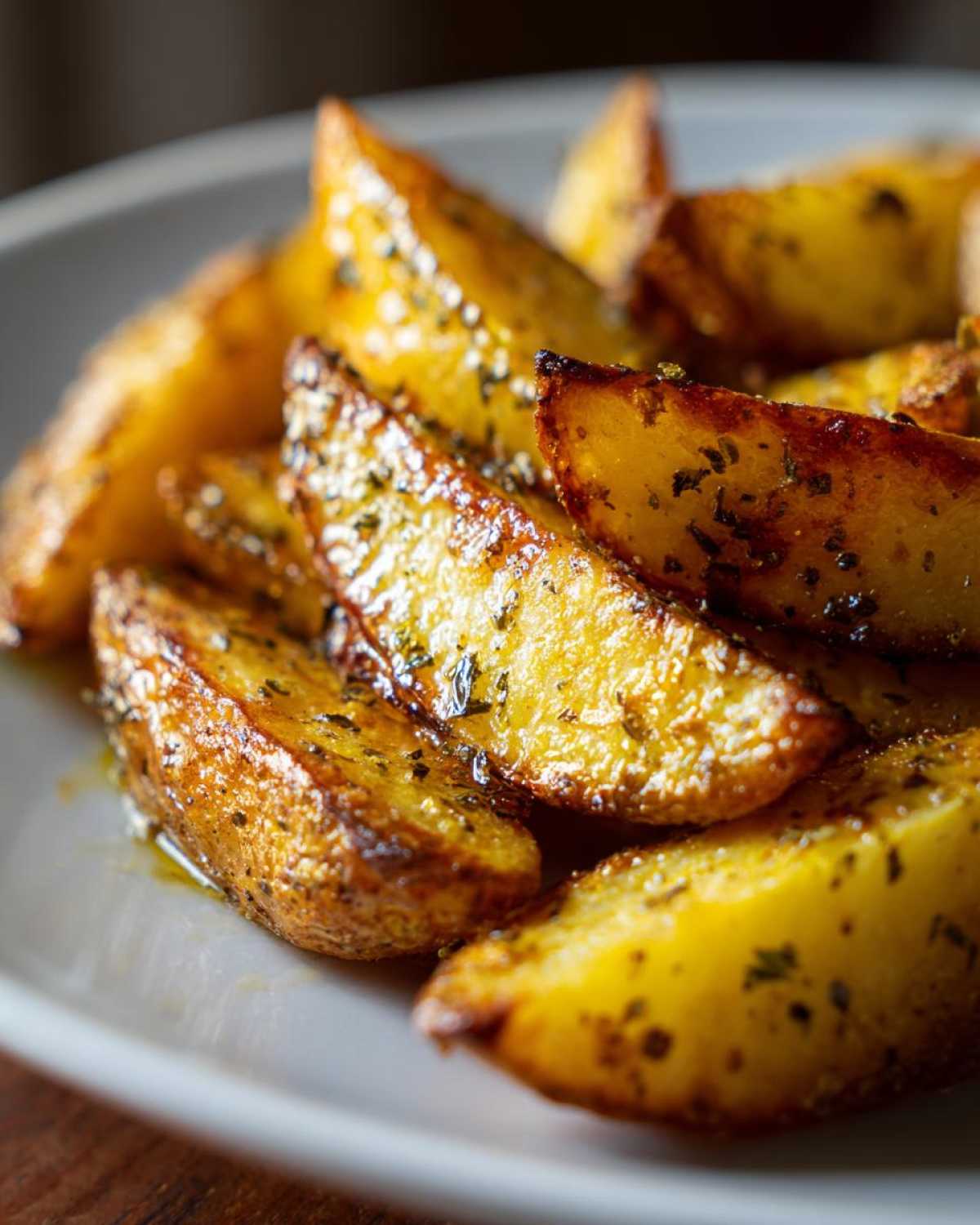 A close-up shot of golden Greek potatoes, seasoned with herbs, served on a white plate.