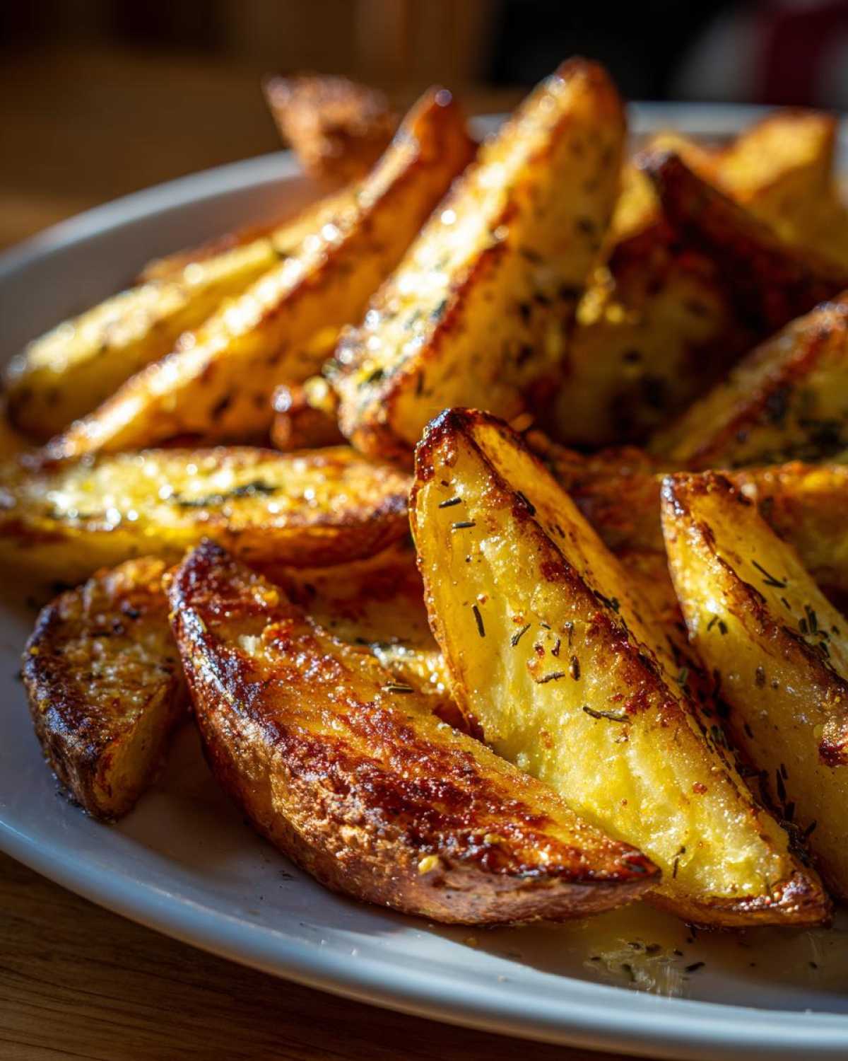 Close-up of golden brown Greek potatoes, seasoned with herbs, on a white plate.