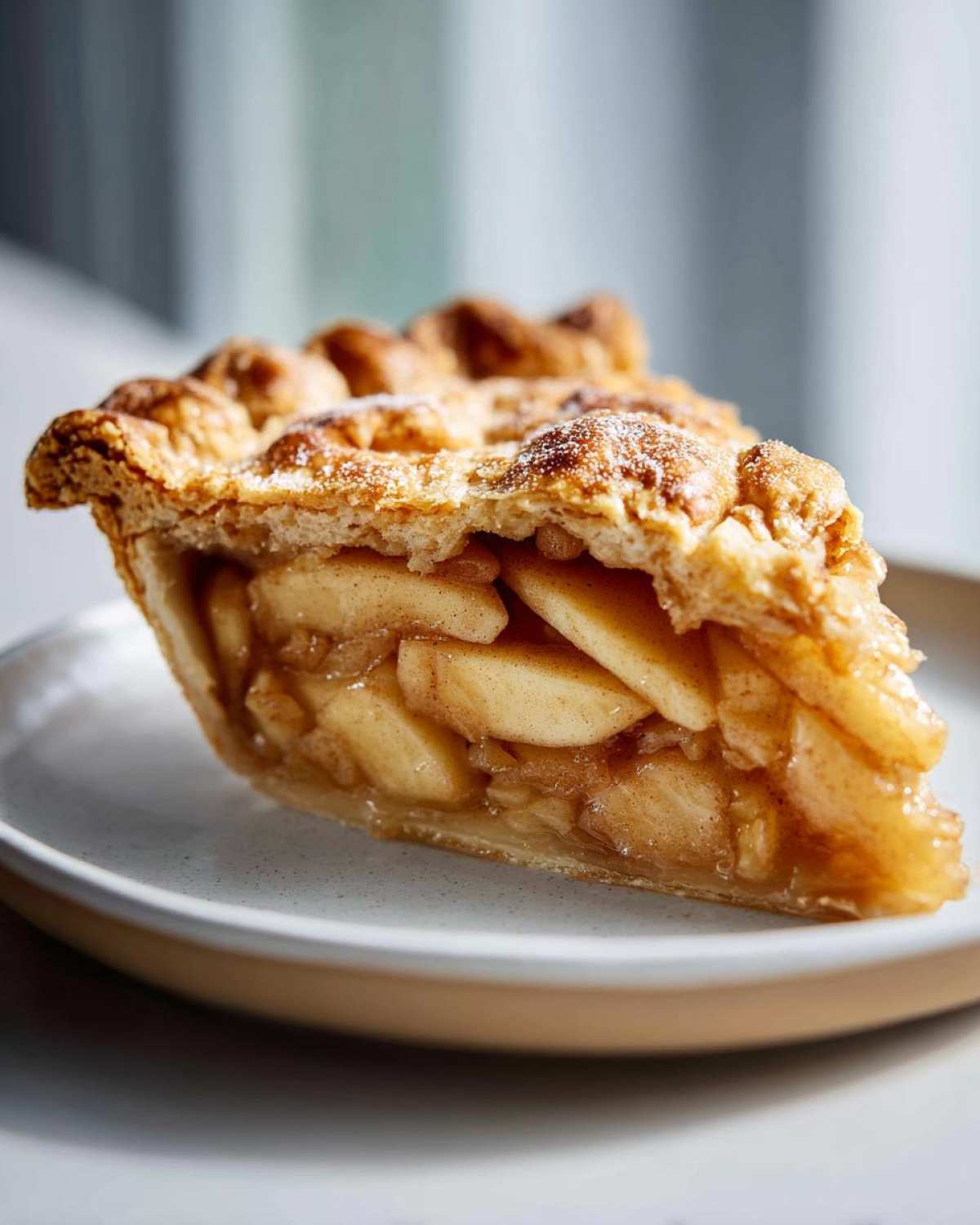 A close-up of a generous slice of homemade apple pie, showcasing flaky crust and tender apple filling.