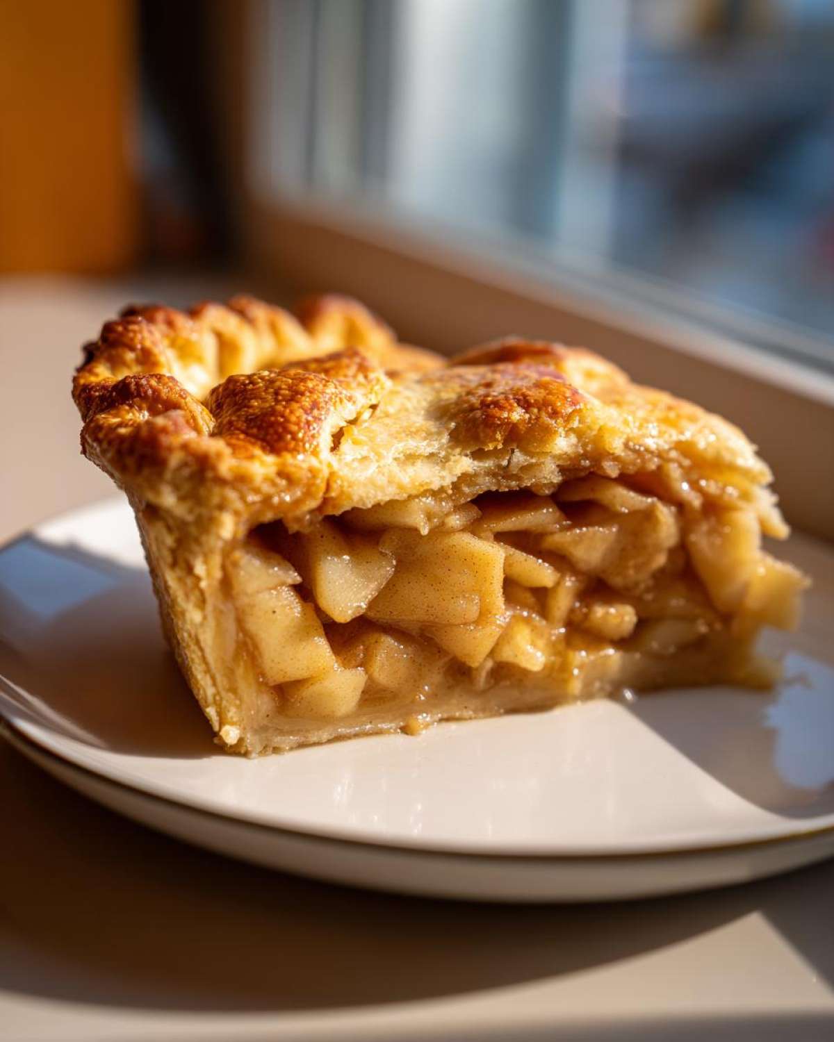 A delicious slice of Grandma's Magic Apple Pie, showcasing a flaky crust and a generous apple filling.