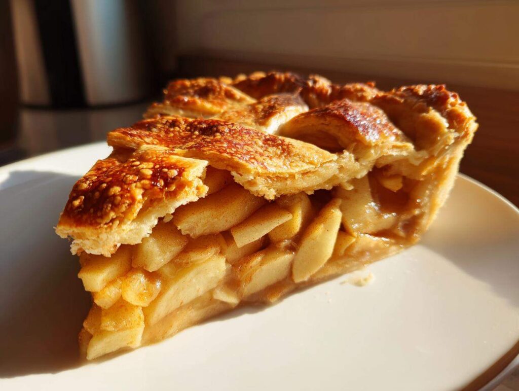 A perfect slice of Grandma's Magic Apple Pie, showcasing a flaky crust and generous apple filling.