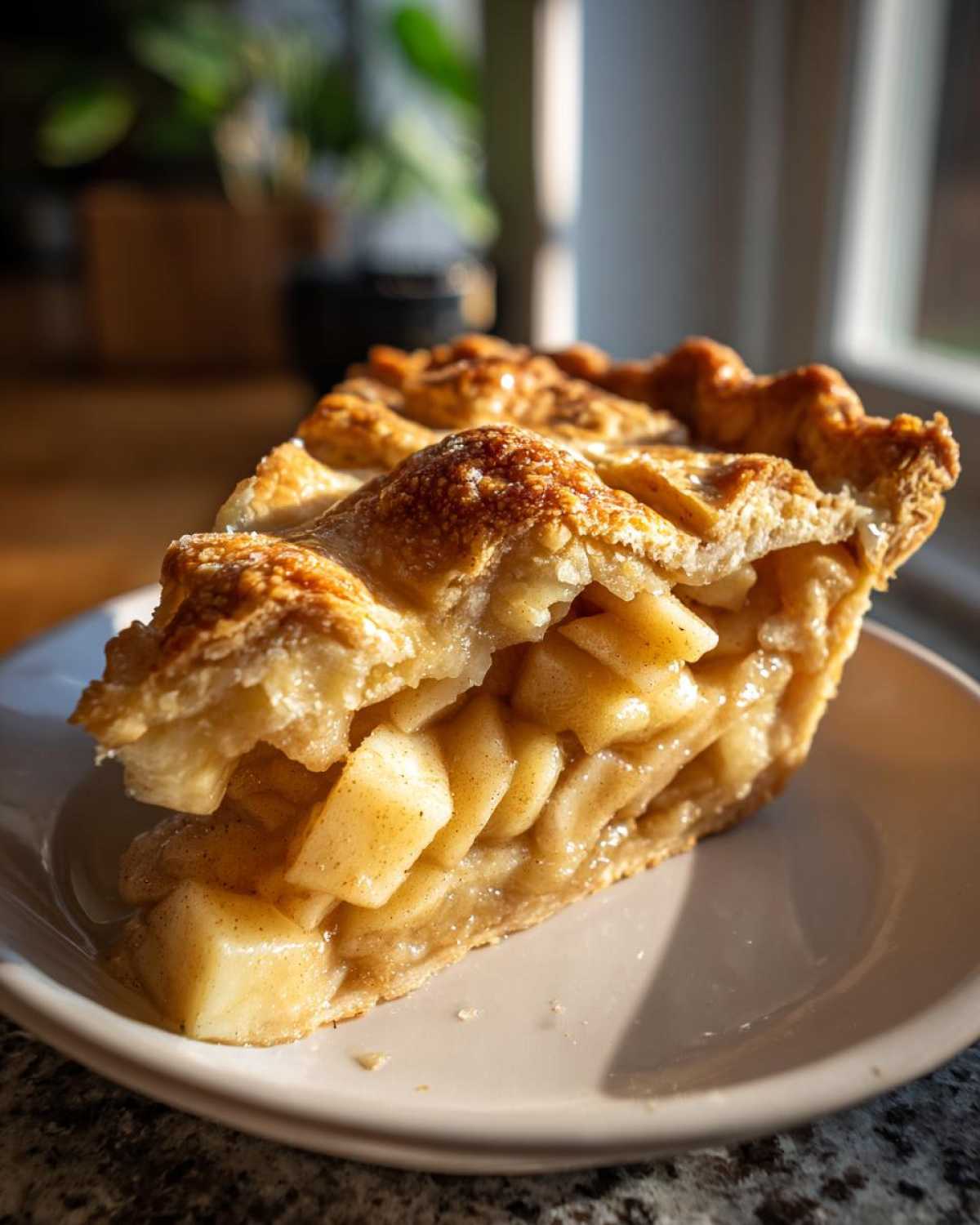 A generous slice of Grandma's Magic Apple Pie, showcasing a flaky crust and abundant apple filling.