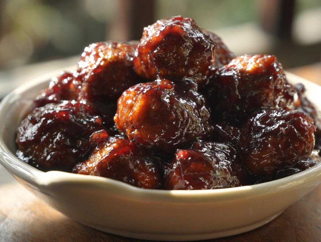 Close-up of glistening grape jelly meatballs in a white bowl, perfect for parties.