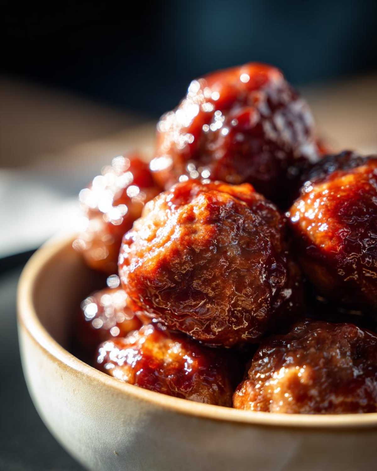A close-up shot of glistening grape jelly meatballs in a bowl, showcasing their glossy, caramelized coating.