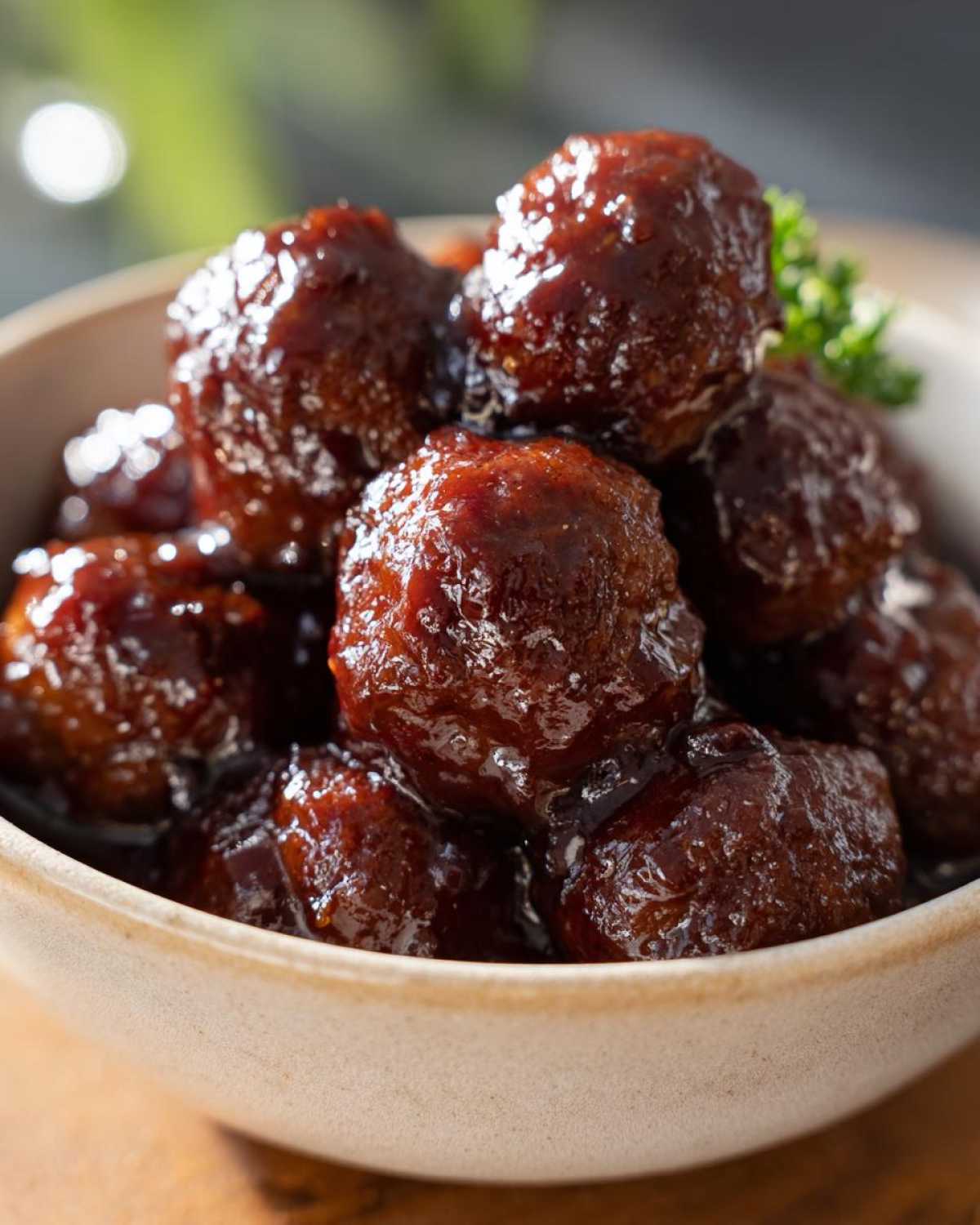 Close-up of glossy grape jelly meatballs in a bowl, garnished with a sprig of parsley.