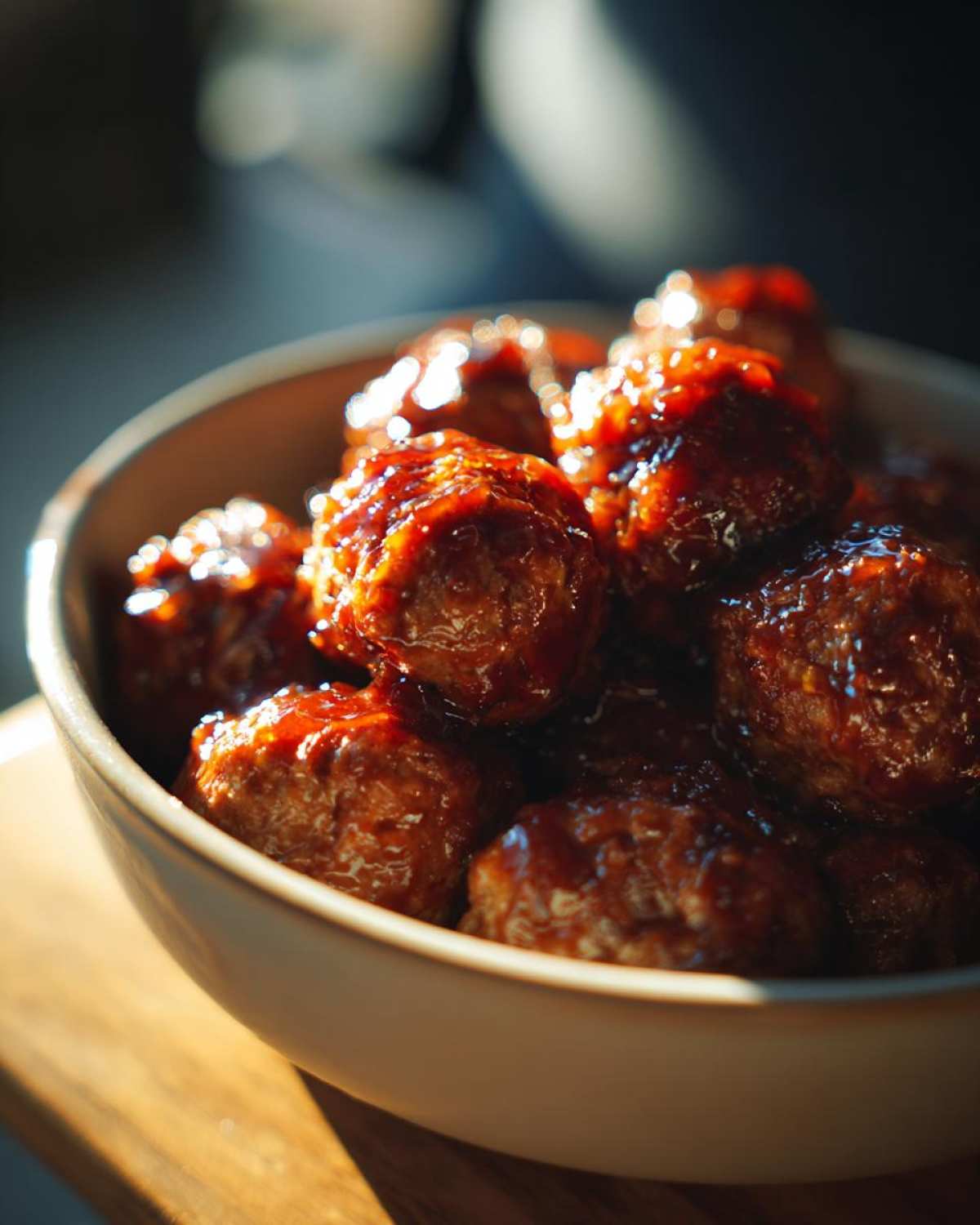 Close-up of glistening grape jelly meatballs in a bowl, ready to be served.