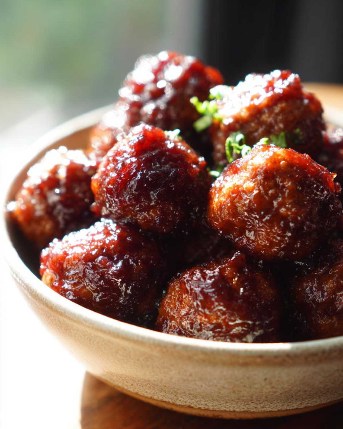 Close-up of a bowl filled with glistening grape jelly meatballs, garnished with fresh herbs.