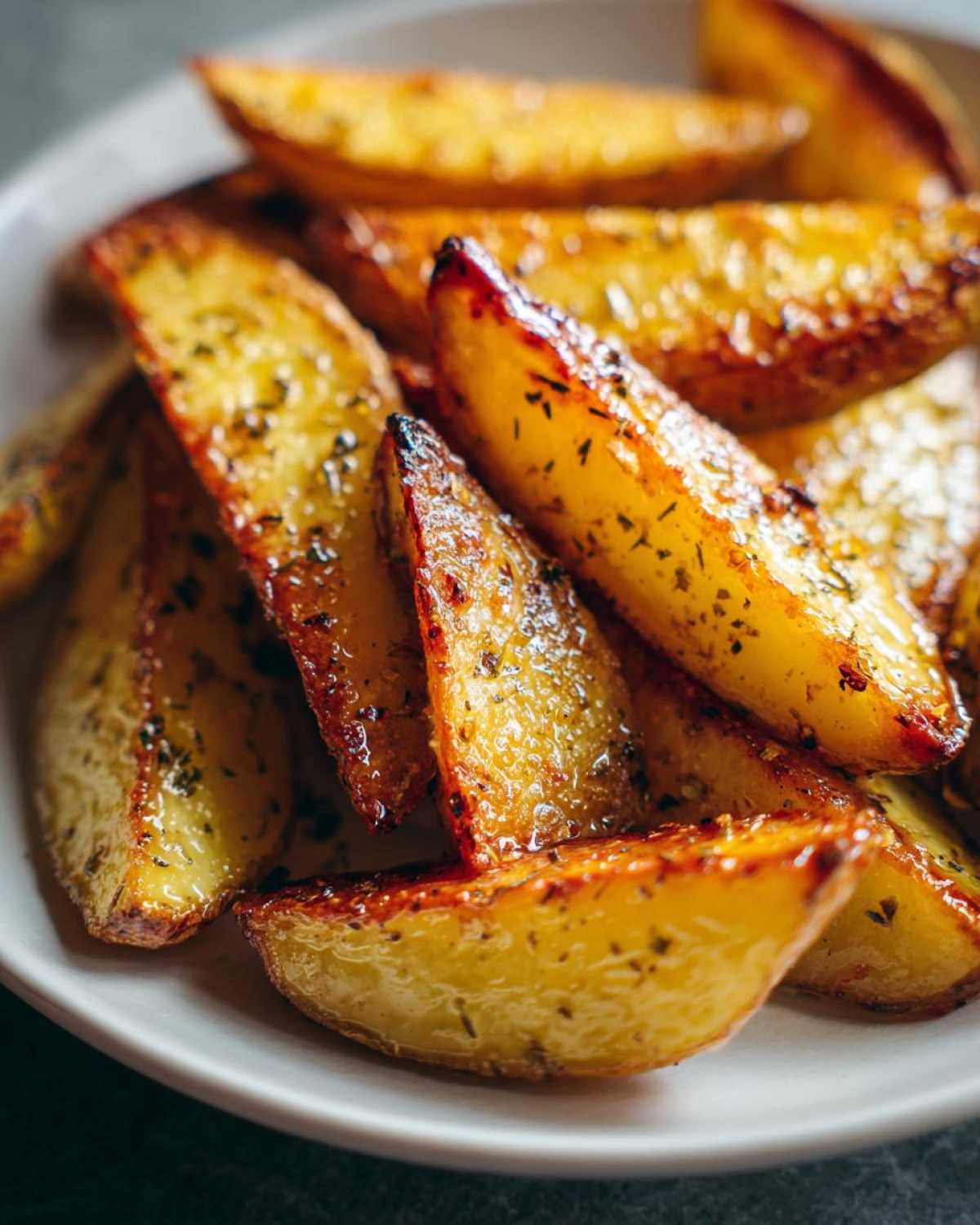 Close-up of a plate piled high with crispy, golden Greek potatoes seasoned with herbs.