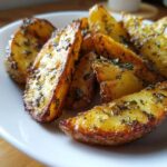 Close-up of golden Greek potatoes, seasoned with herbs and perfectly crispy.