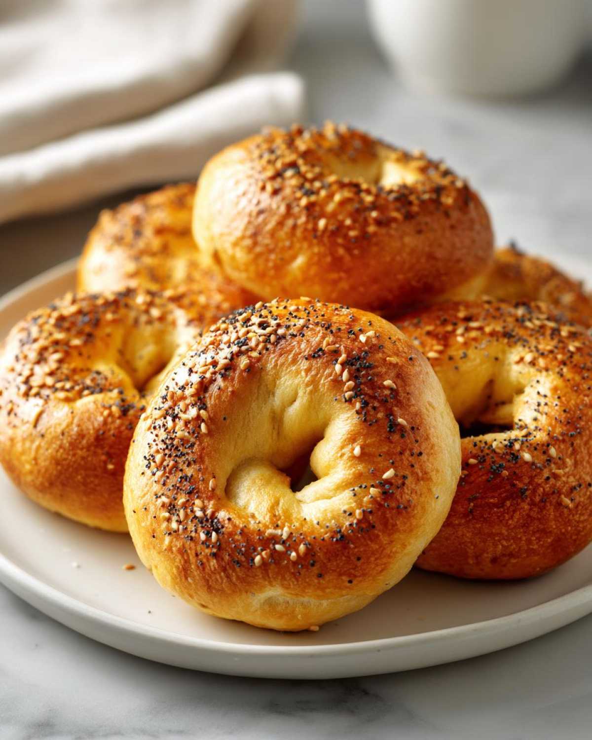 A close-up of golden-brown Greek yogurt bagels topped with sesame and poppy seeds, piled on a white plate.
