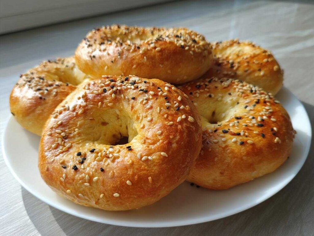 A plate piled high with golden-brown Greek yogurt bagels, generously topped with sesame and black sesame seeds.
