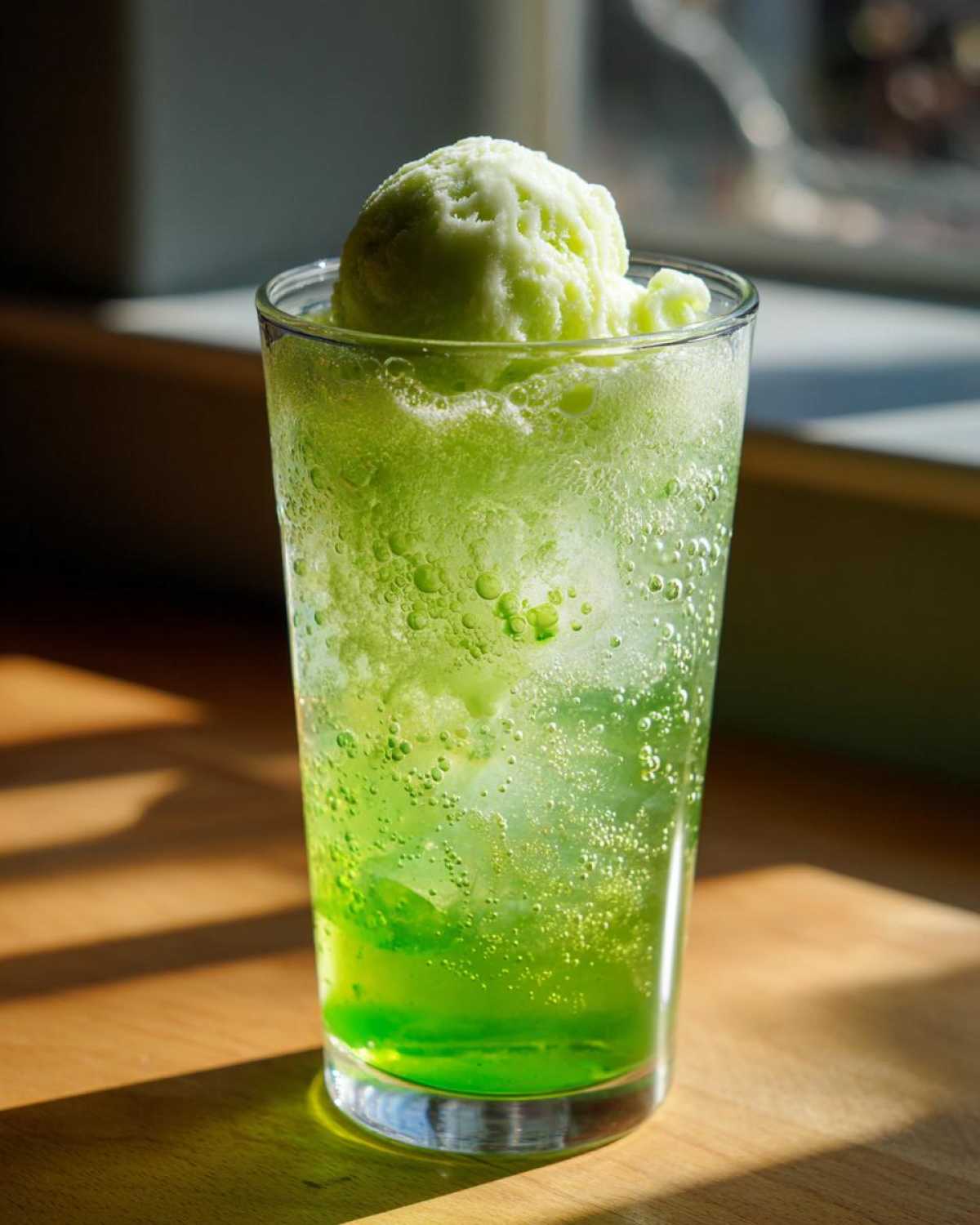 A tall glass of vibrant green Grinch punch topped with a scoop of light green ice cream.