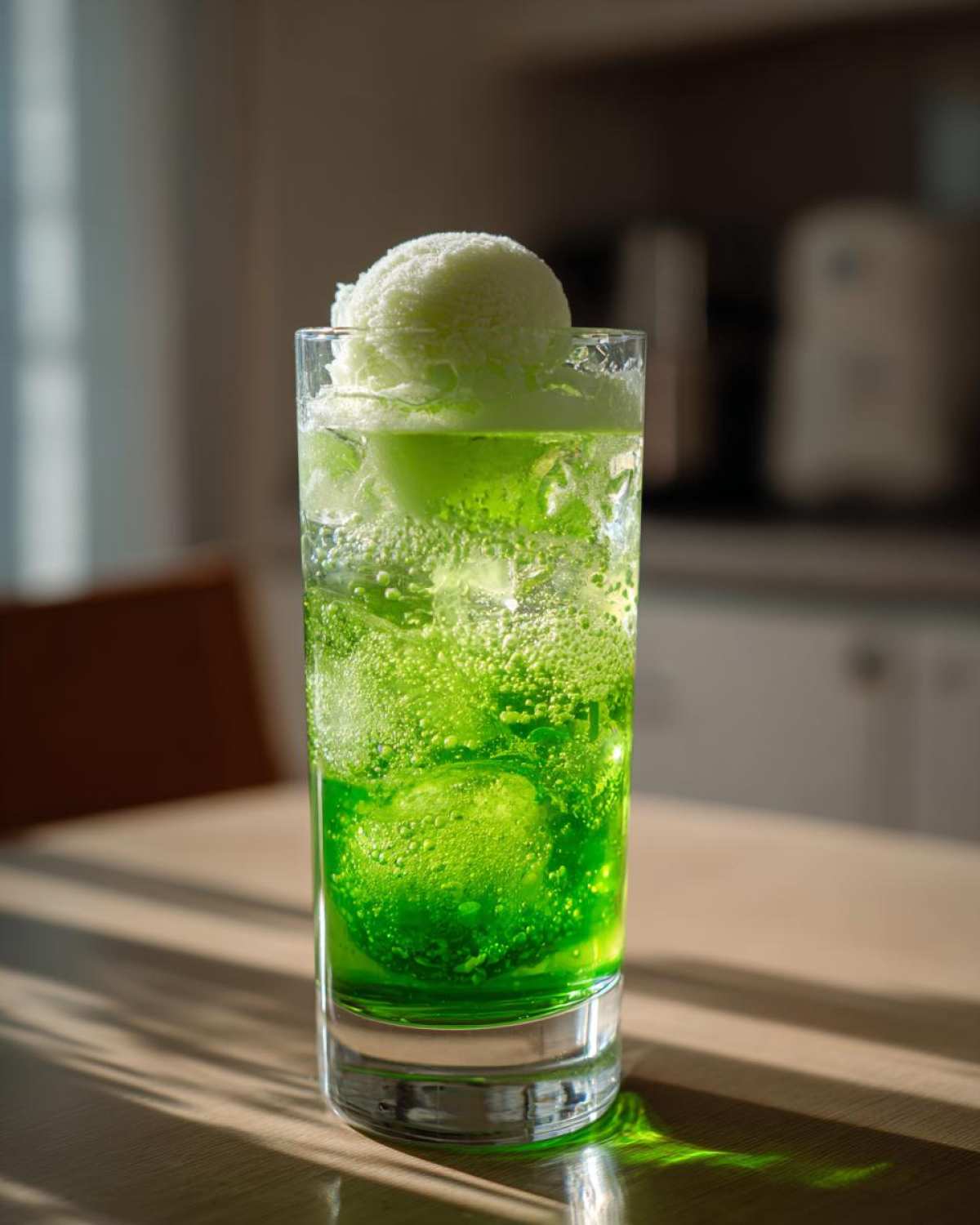 A tall glass filled with bright green Grinch punch, ice cubes, and a scoop of light green ice cream.