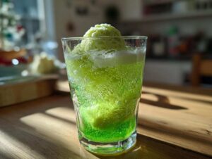 A vibrant green Grinch punch in a glass, topped with a scoop of lime ice cream and fizzing with bubbles.