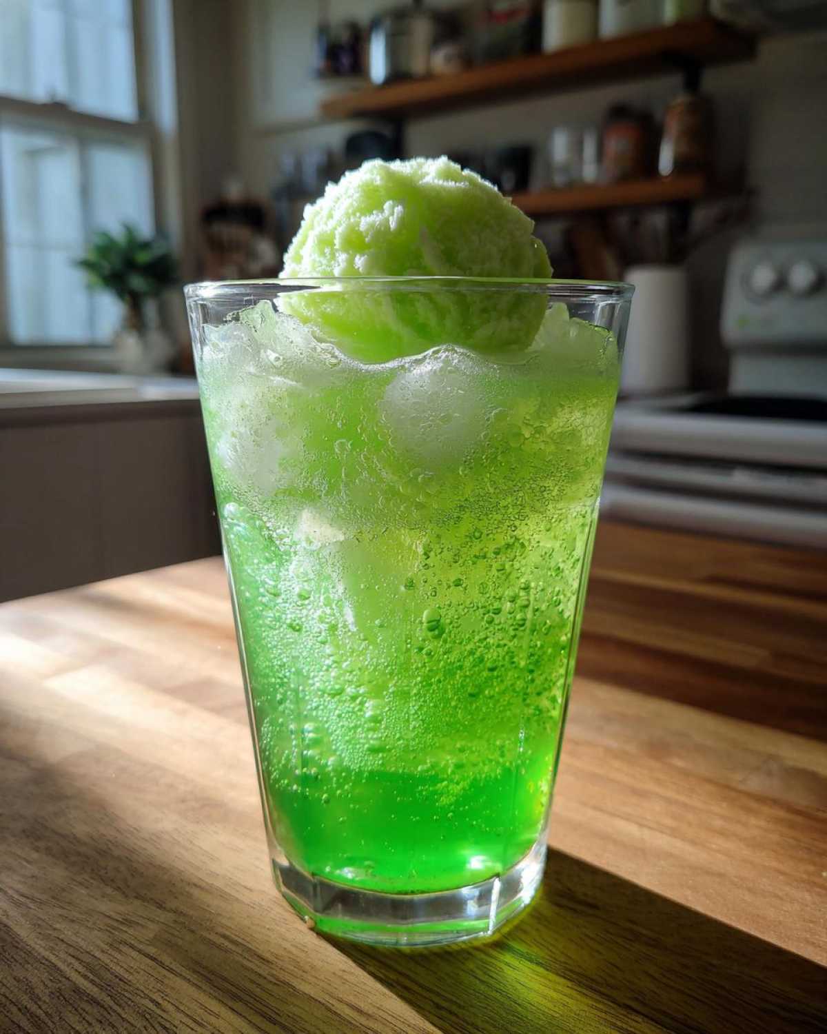 A tall glass filled with bright green Grinch punch and ice, topped with a scoop of lime sherbet.