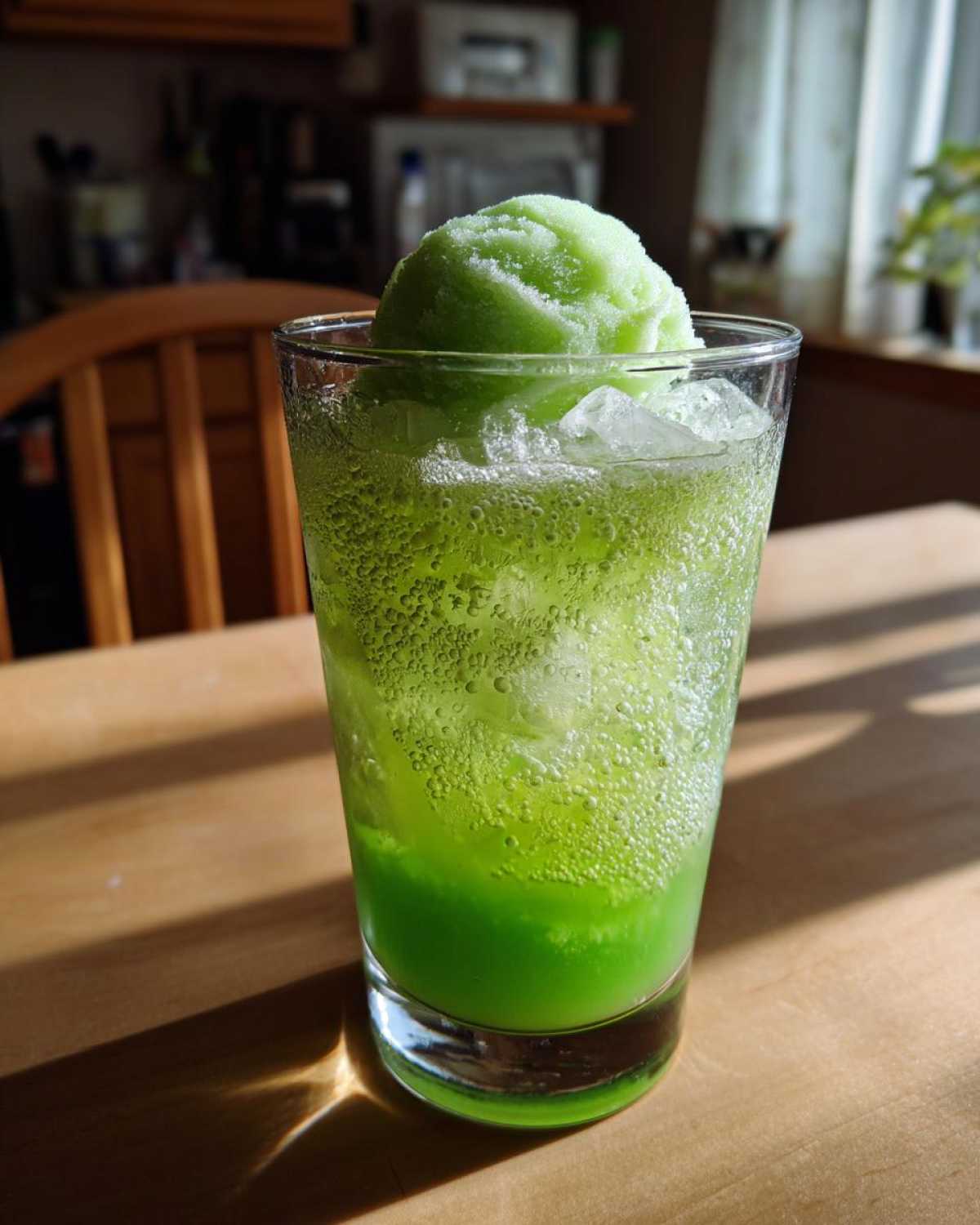 A tall glass of bright green Grinch punch topped with a scoop of lime sherbet and ice.