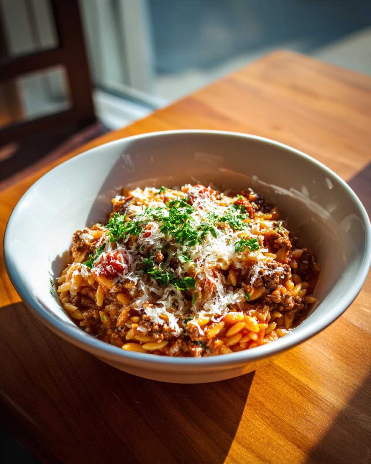 A close-up of a bowl filled with delicious ground beef orzo pasta, topped with shredded cheese and fresh parsley.