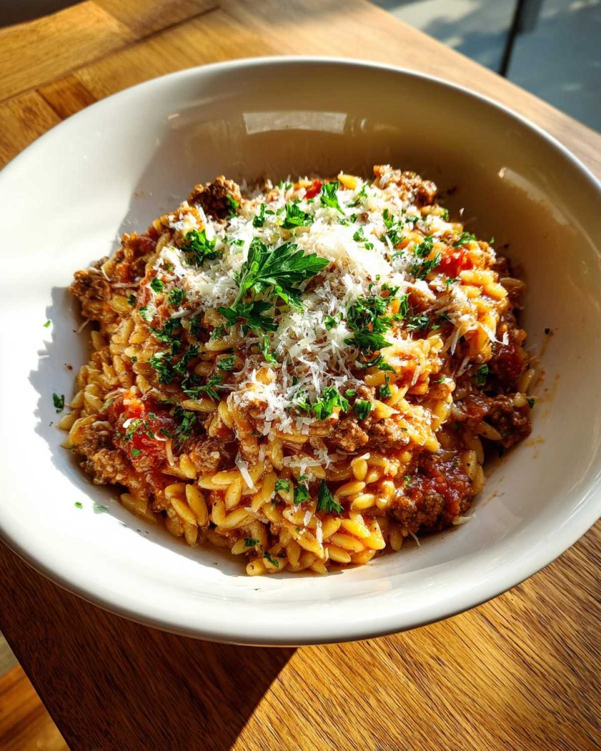 A close-up of a bowl filled with delicious ground beef orzo, topped with grated cheese and fresh parsley.