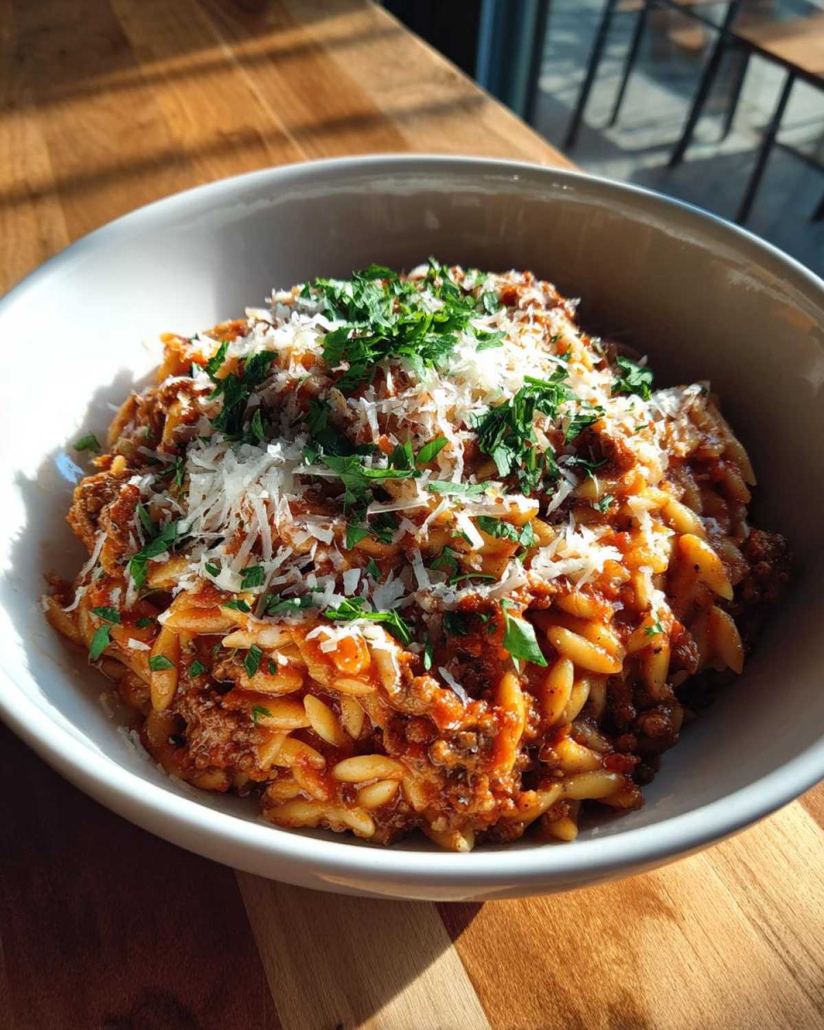 A close-up of a white bowl filled with delicious ground beef orzo pasta, topped with grated cheese and fresh parsley.
