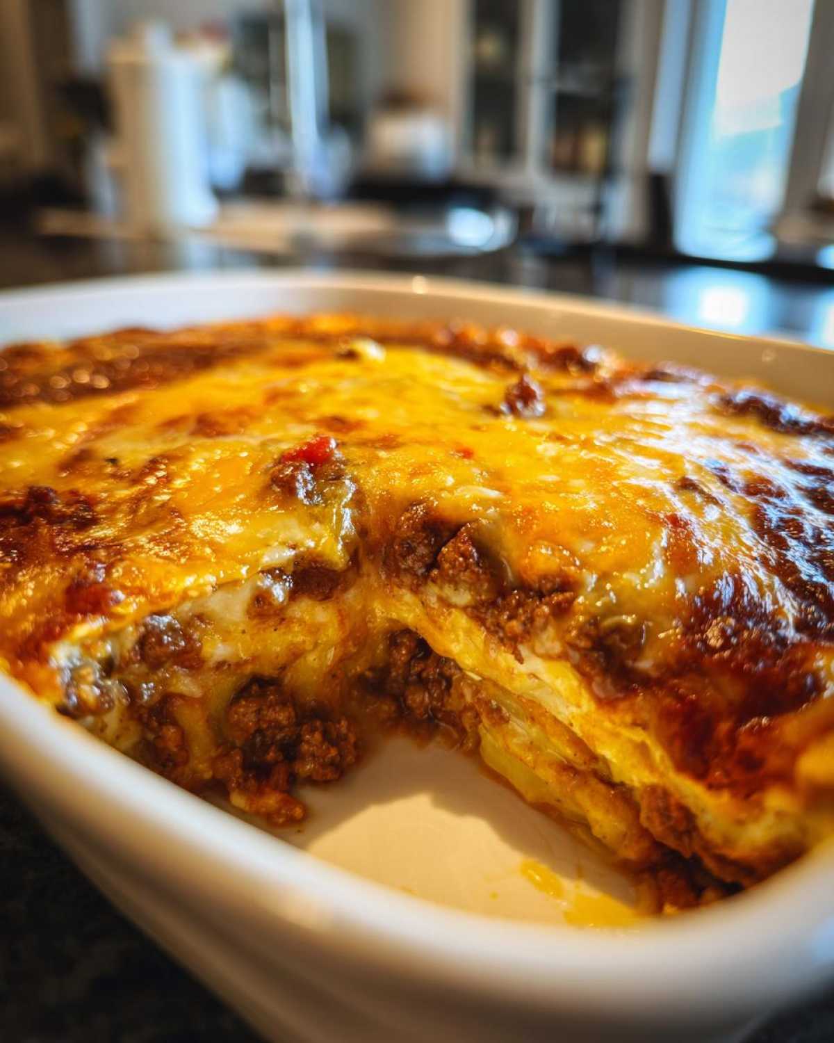 A close-up of a freshly baked hamburger potato casserole with a thick layer of melted golden cheese.