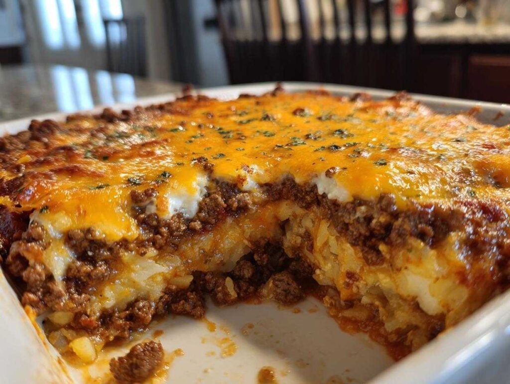 A close-up of a slice of hamburger potato casserole, showing layers of ground beef, potatoes, and melted cheese.