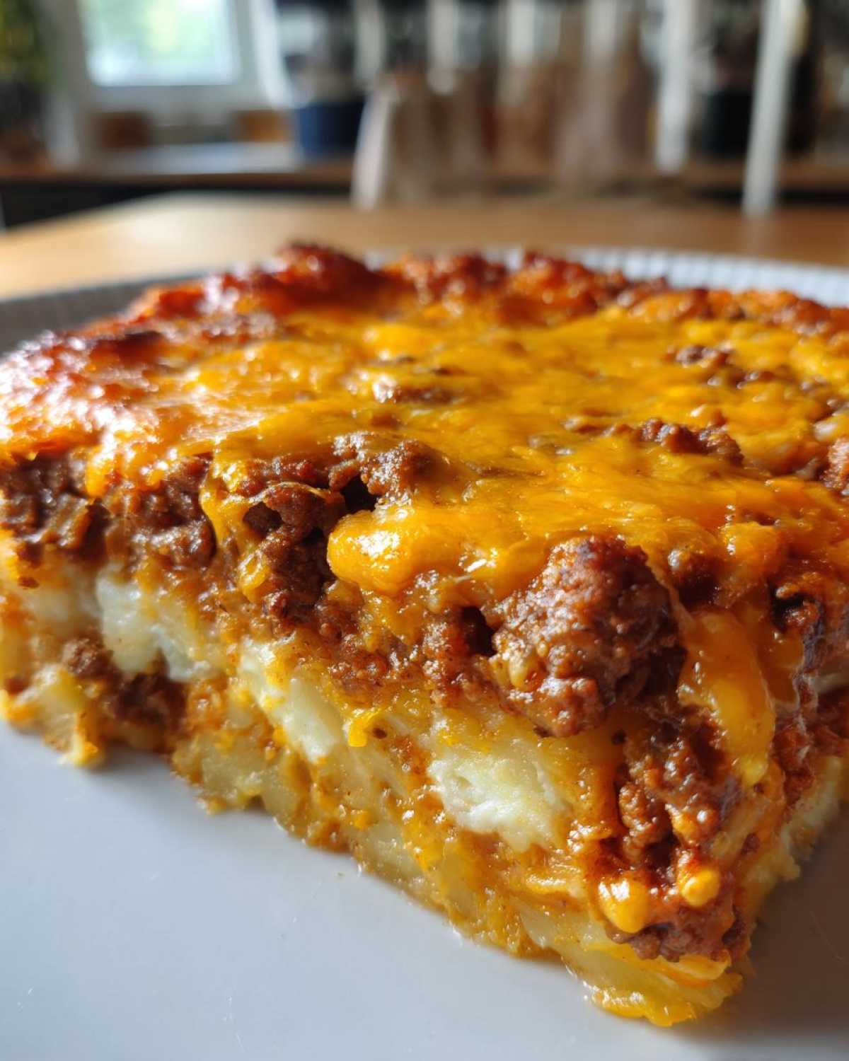 A close-up of a slice of hamburger potato casserole, featuring layers of potatoes and seasoned ground beef topped with melted cheddar cheese.