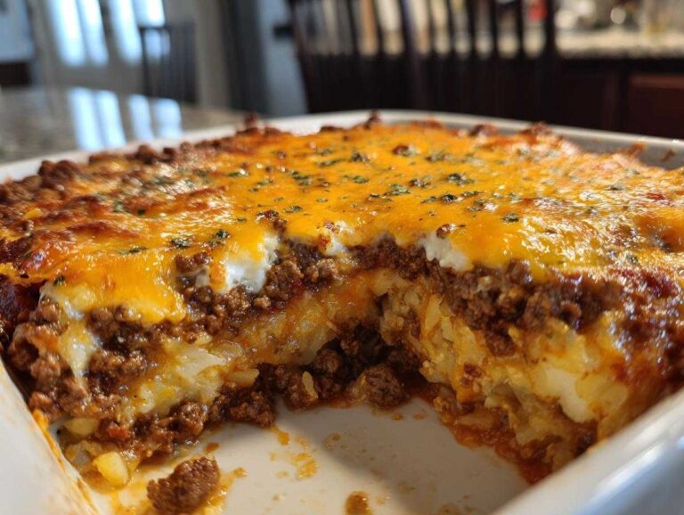 A close-up of a slice of hamburger potato casserole, showing layers of ground beef, potatoes, and melted cheese.