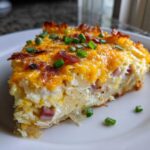 A slice of hash brown egg casserole topped with melted cheddar cheese and chopped green onions.