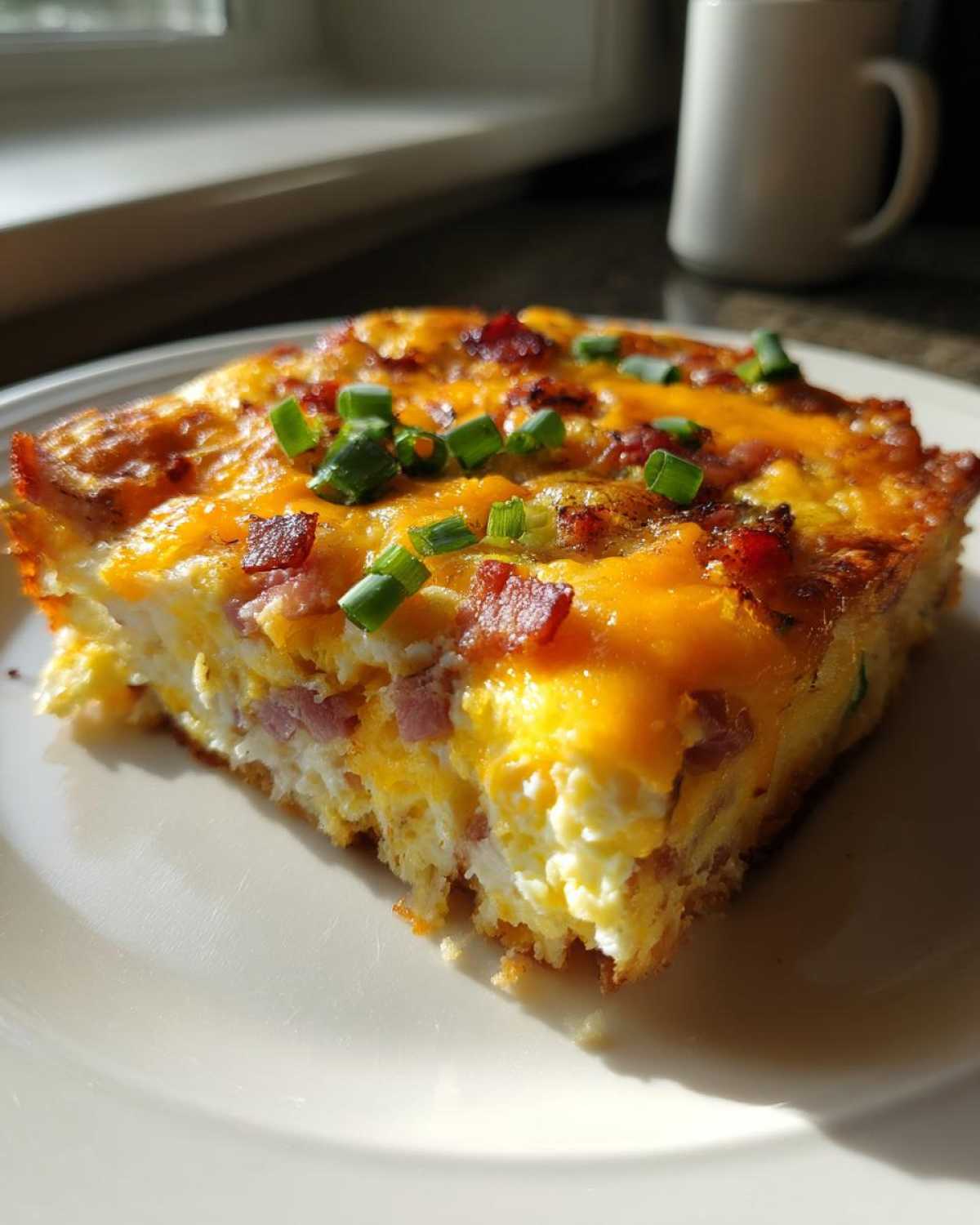 A generous slice of hash brown egg casserole topped with melted cheese, bacon bits, and chives.