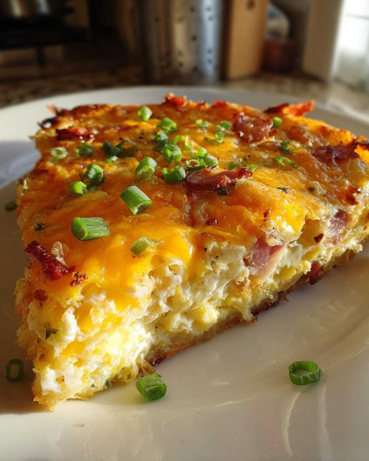 A tempting slice of hash brown egg casserole topped with melted cheese and green onions.
