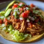 A close-up of a healthy crockpot chicken taco filled with shredded chicken, lettuce, pico de gallo, and avocado slices.