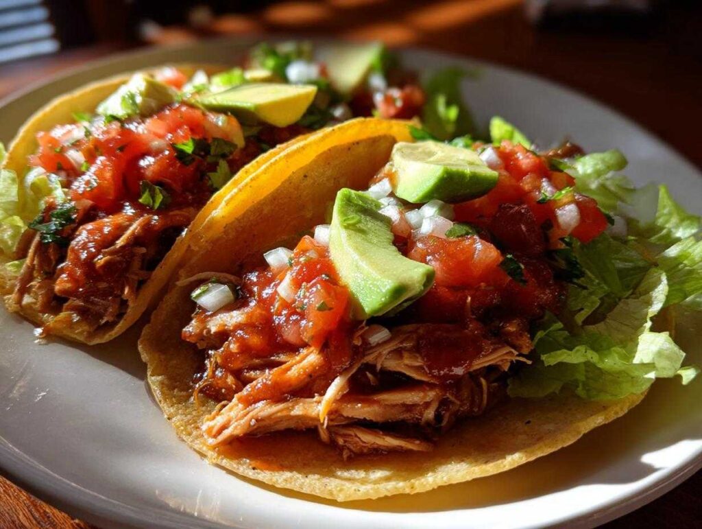 Two delicious healthy crockpot chicken tacos filled with shredded chicken, pico de gallo, avocado, and lime.
