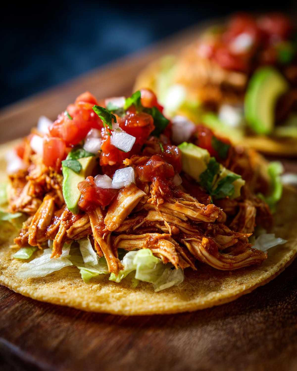 Close-up of a healthy crockpot chicken taco on a corn tortilla, topped with shredded chicken, lettuce, avocado, tomato, and onion.