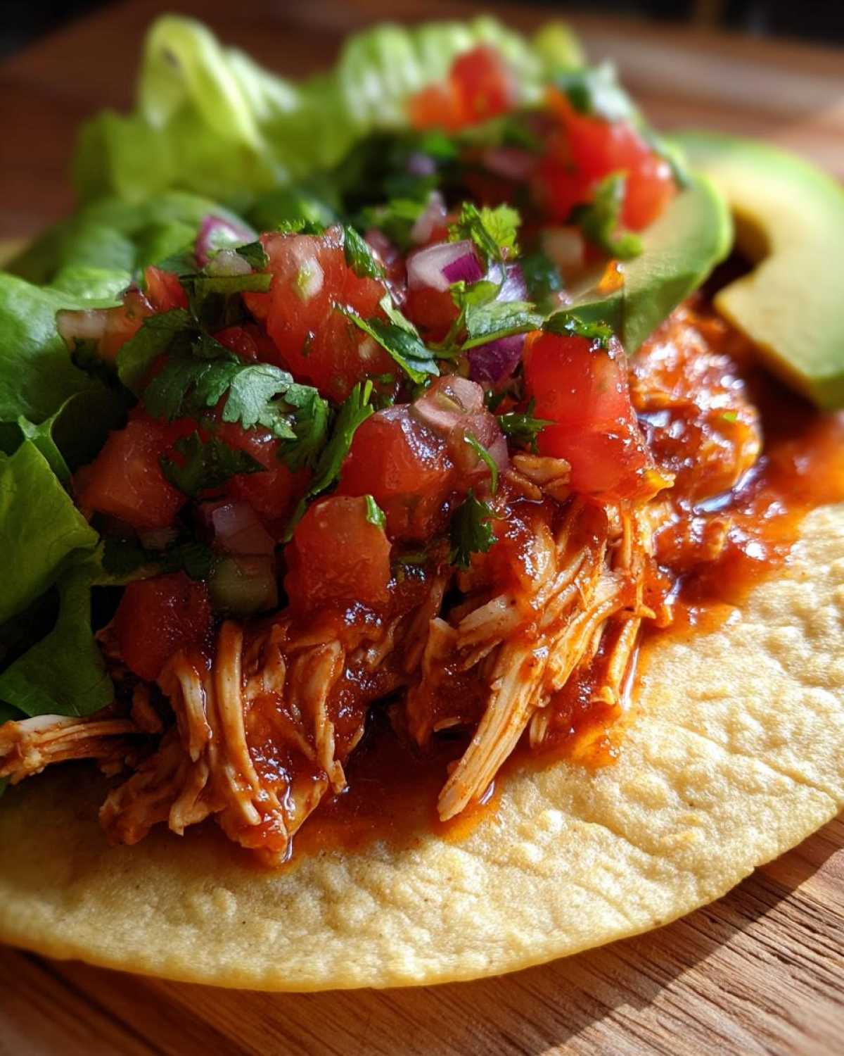 Close-up of a healthy crockpot chicken taco on a corn tortilla, topped with shredded chicken, pico de gallo, lettuce, and avocado.
