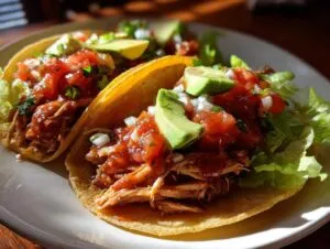 Two delicious healthy crockpot chicken tacos filled with shredded chicken, pico de gallo, avocado, and lime.
