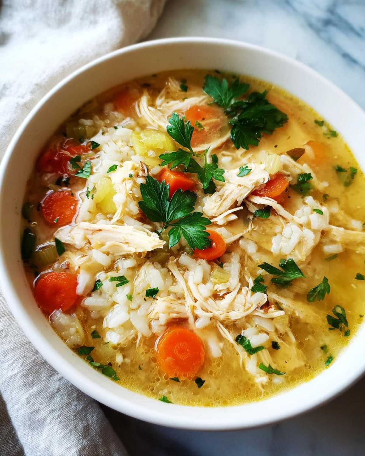 A bowl of hearty chicken and rice soup with shredded chicken, rice, carrots, celery, and parsley.