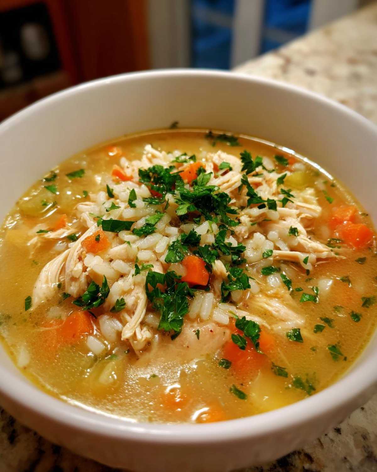 A close-up of a bowl of hearty chicken and rice soup, garnished with fresh parsley.
