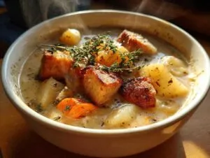 A steaming bowl of hearty sausage potato soup, featuring chunks of sausage, potatoes, and carrots, garnished with fresh thyme.