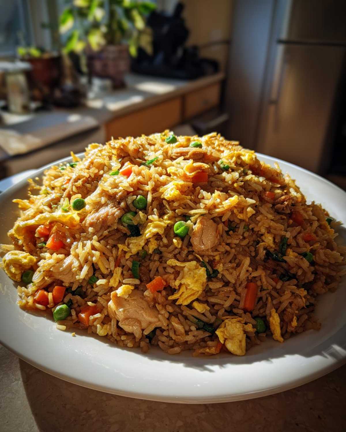 A generous serving of high protein chicken fried rice, loaded with chicken pieces, peas, carrots, and scrambled egg.