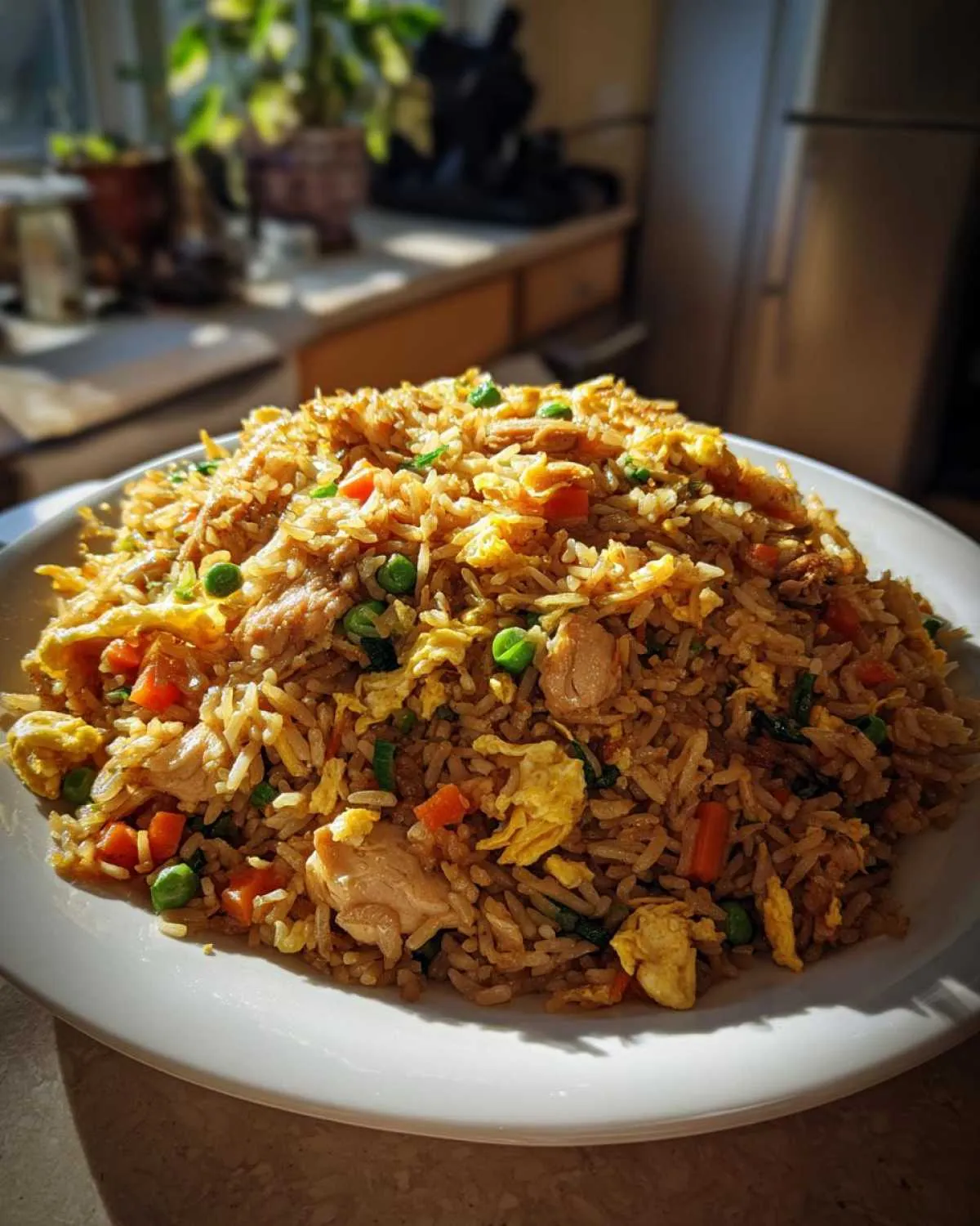 A generous serving of high protein chicken fried rice, loaded with chicken pieces, peas, carrots, and scrambled egg.
