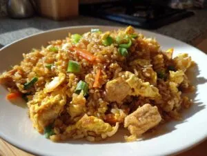 A close-up of a plate filled with high protein chicken fried rice, featuring chicken pieces, scrambled eggs, carrots, and green onions.